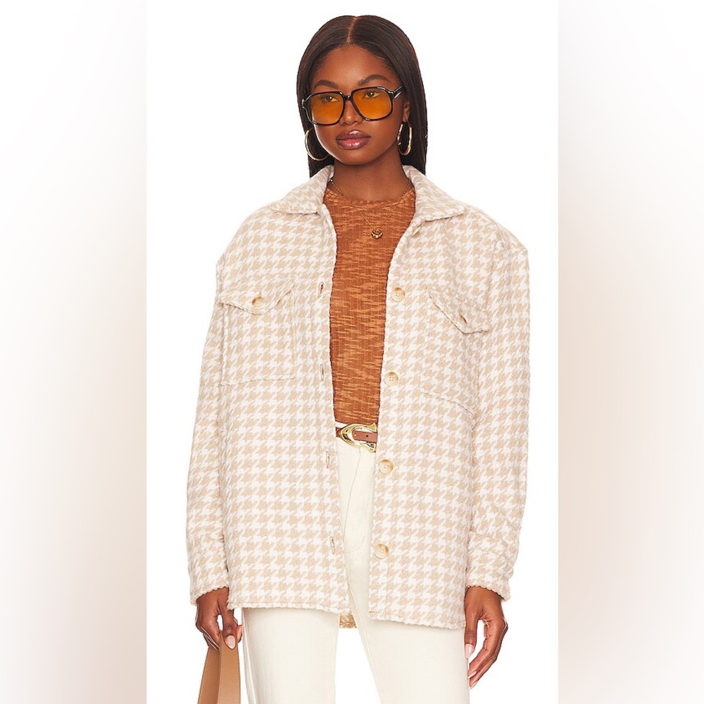Pistola LIBBY Tan & White Houndstooth Design Oversized Wool Blend Shirt Jacket